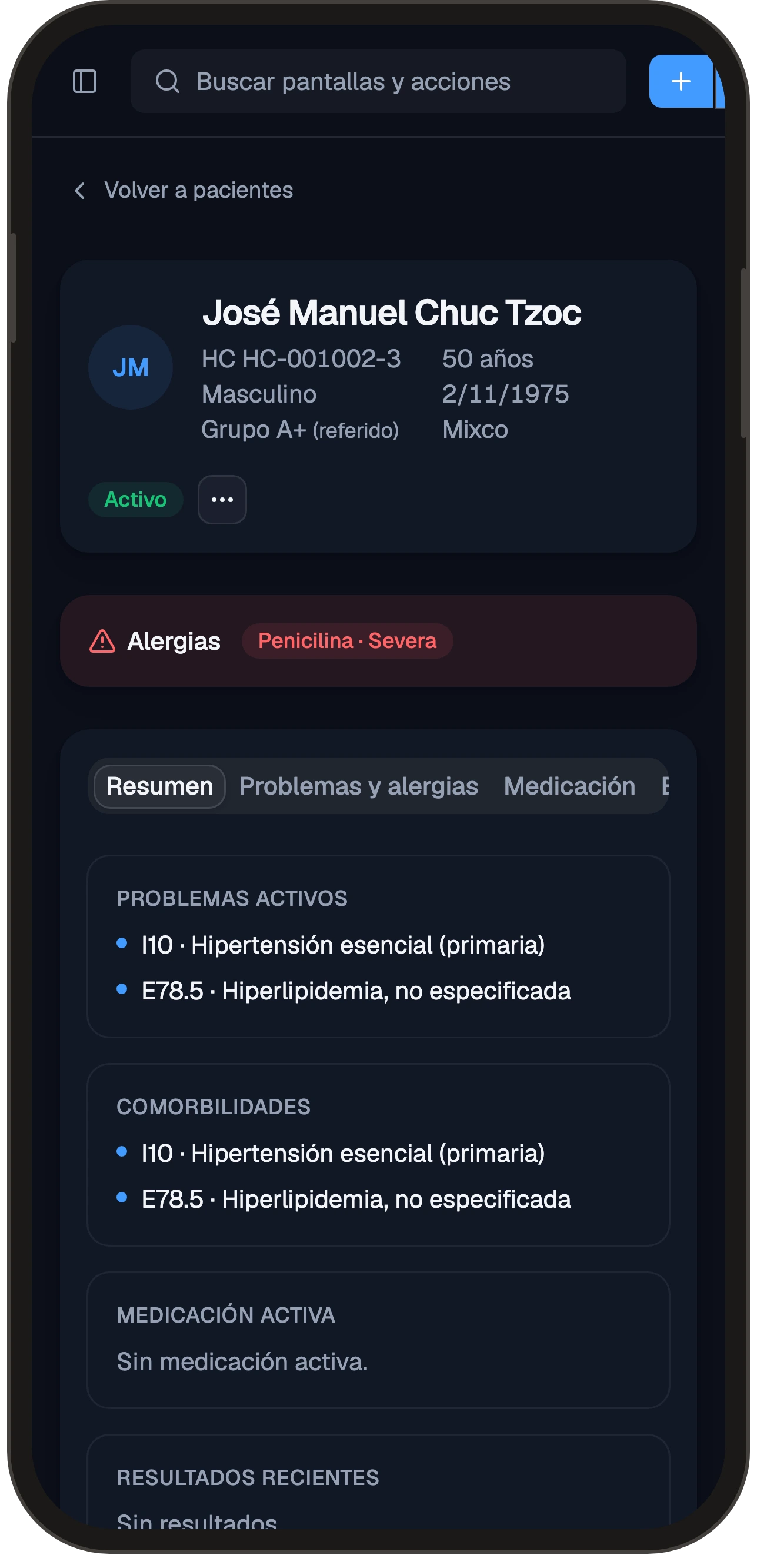El expediente del paciente en el teléfono, con sus alergias y problemas activos