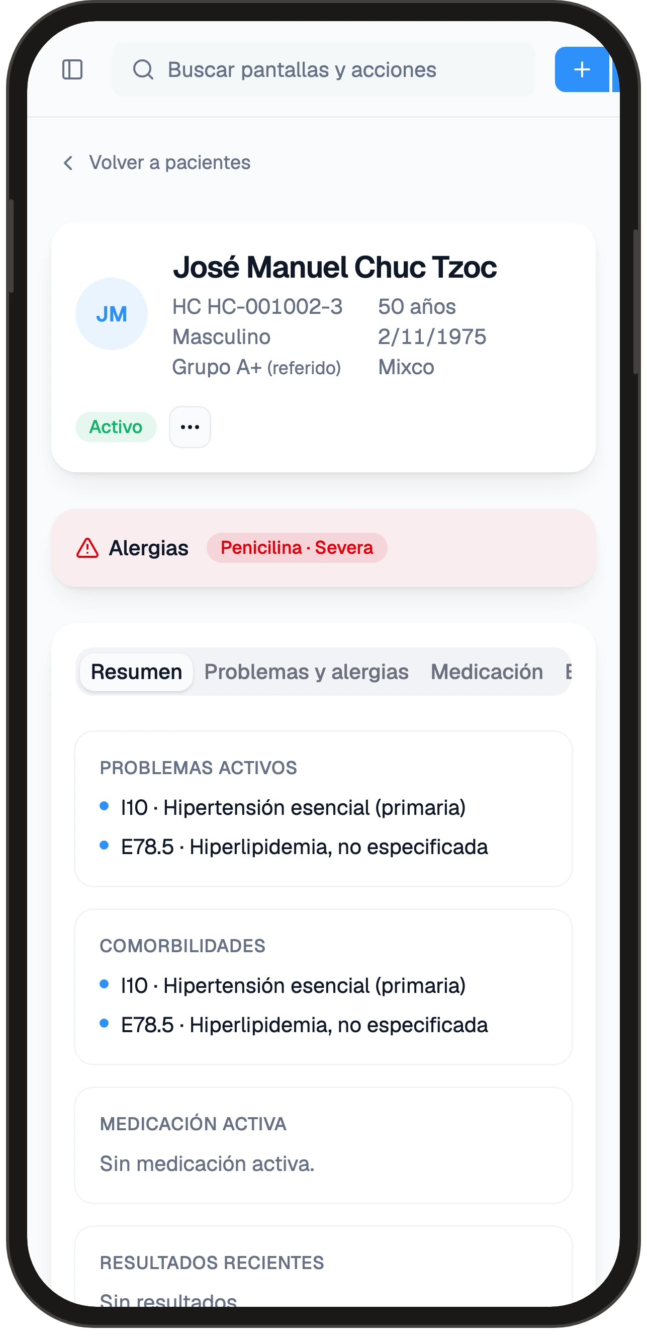El expediente del paciente en el teléfono, con sus alergias y problemas activos